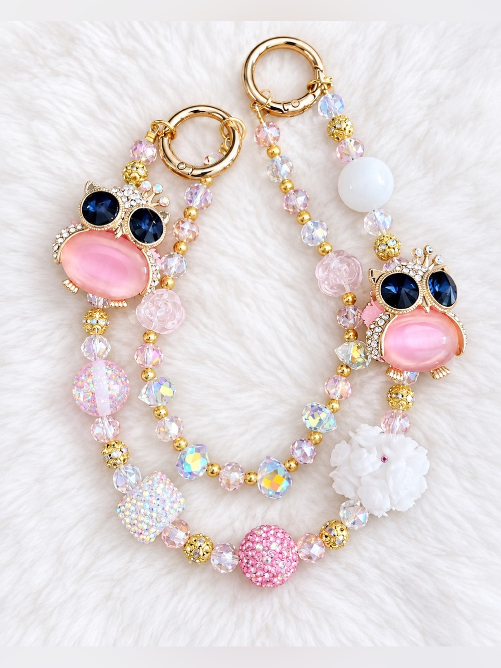 Double Owl pink and blue stones bag charm handmade
